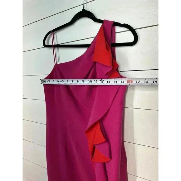 Ricki Freeman Terri Jon 12 (XL) Pink‎ & Red One Shoulder Ruffle Above Knee Dress - Picture 6 of 8